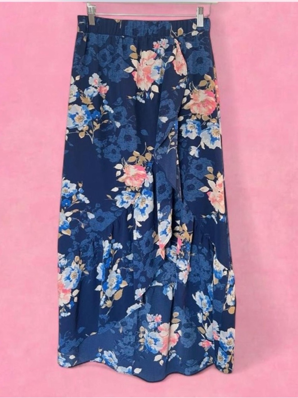 Floral Wrap Maxi Skirt in Navy with Pink & Blue Blooms